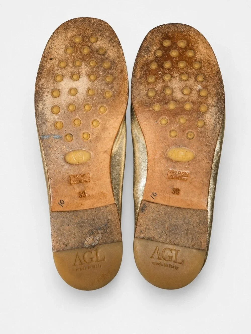AGL | Gold Leather Loafers in Size EU 38 / US 8